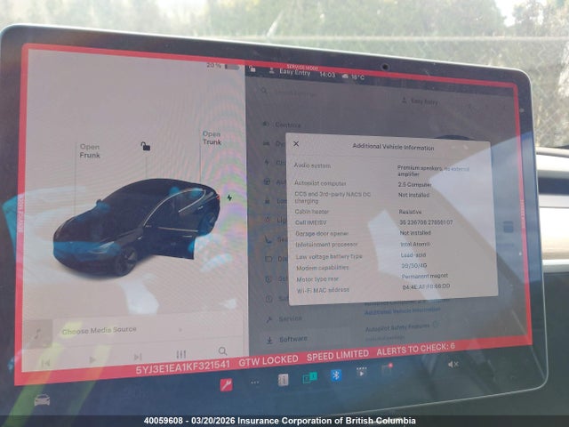 2019 Tesla Model 3 მანქანა იყიდება აუქციონზე, vin: 5YJ3E1EA1KF321541, აუქციონის ნომერი: 40059608