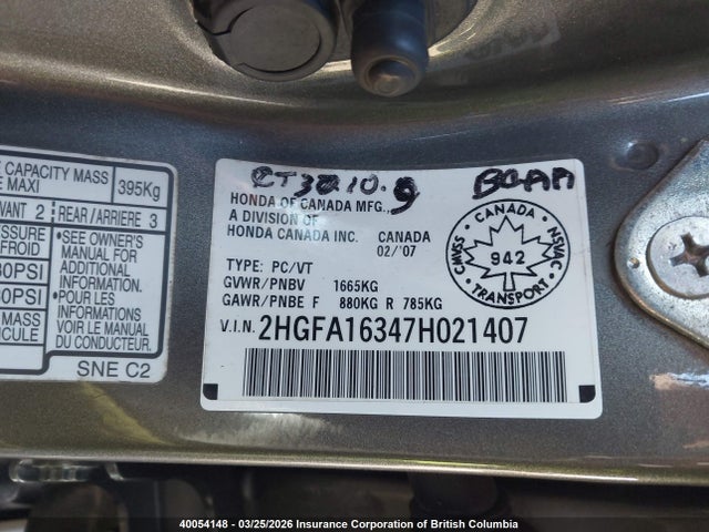40054148 :رقم المزاد ، 2HGFA16347H021407 vin ، 2007 Honda Civic Dx مزاد بيع