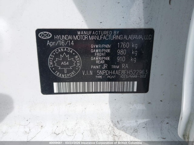 5NPDH4AE8EH522963 Hyundai ELANTRA GL