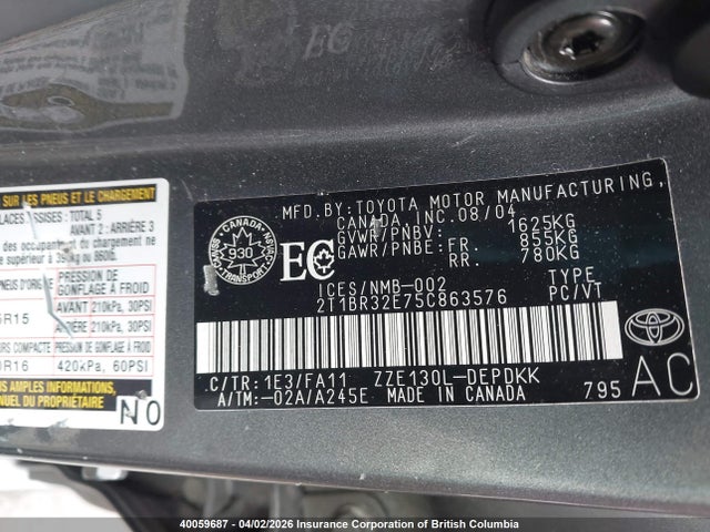 40059687 :رقم المزاد ، 2T1BR32E75C863576 vin ، 2005 Toyota Corolla Ce/le/s مزاد بيع