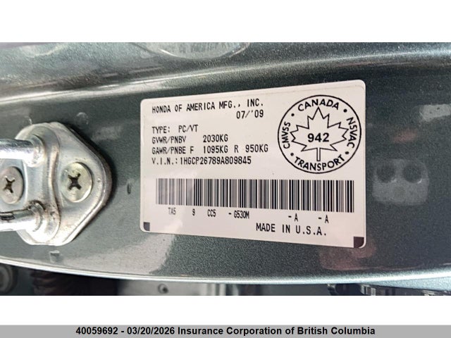 40059692 :رقم المزاد ، 1HGCP26789A809845 vin ، 2009 Honda Accord Ex مزاد بيع