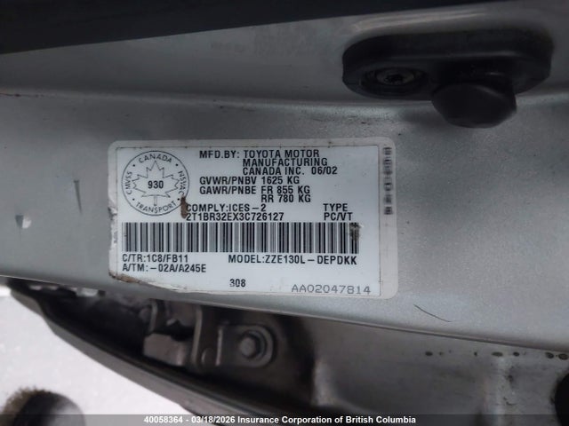 40058364 :رقم المزاد ، 2T1BR32EX3C726127 vin ، 2003 Toyota Corolla Ce/le/s مزاد بيع