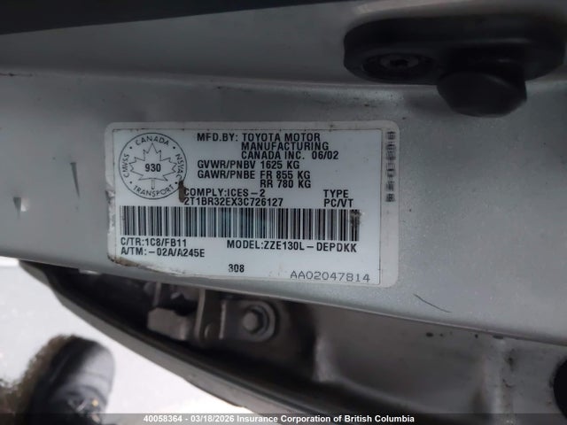 40058364 :رقم المزاد ، 2T1BR32EX3C726127 vin ، 2003 Toyota Corolla Ce/le/s مزاد بيع