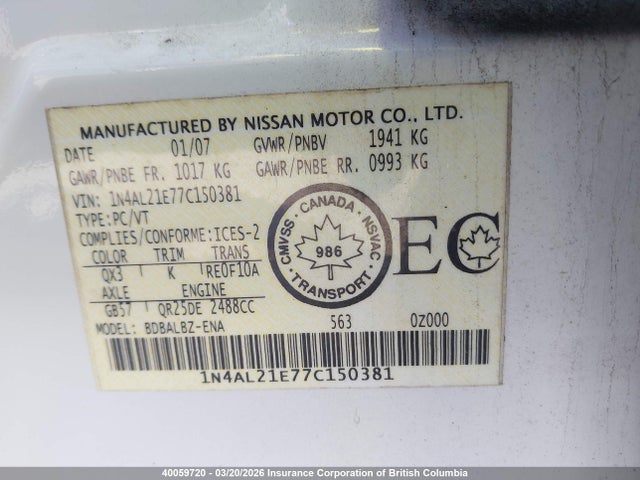 Aukcja sprzedaży 2007 Nissan Altima 2.5/2.5s, vin: 1N4AL21E77C150381, numer aukcji: 40059720
