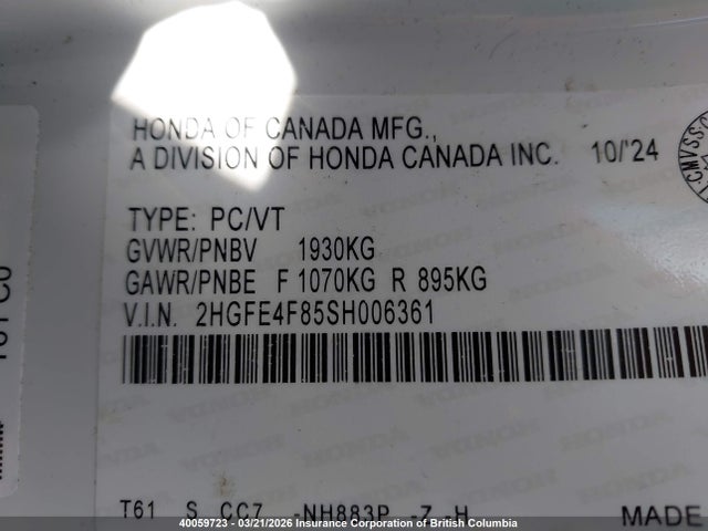 40059723 :رقم المزاد ، 2HGFE4F85SH006361 vin ، 2025 Honda Civic مزاد بيع