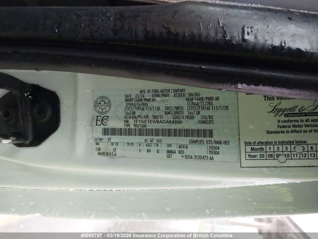40055757 :رقم المزاد ، 1FTNE1EW8ADA84900 vin ، 2010 Ford Econoline E150 Van مزاد بيع