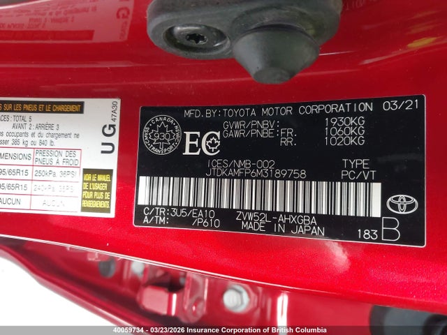 JTDKAMFP6M3189758 Toyota Prius