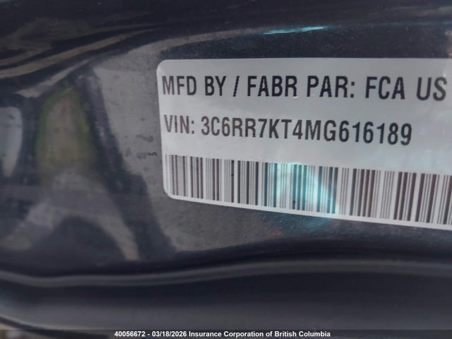40056672 :رقم المزاد ، 3C6RR7KT4MG616189 vin ، 2021 Ram 1500 Classic Tradesman مزاد بيع