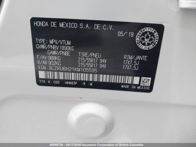 3CZRU6H21KM105595 Honda HR-V