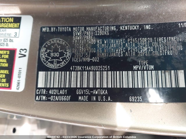 40059742 :رقم المزاد ، 4T3BK11A49U025251 vin ، 2009 Toyota Venza مزاد بيع