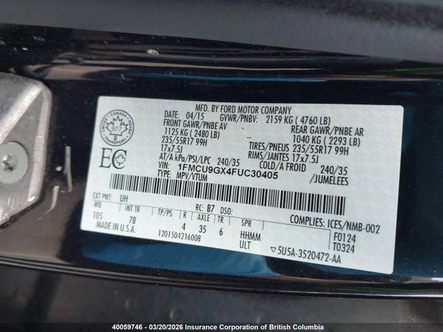 Продажа на аукционе авто 2015 Ford Escape Se, vin: 1FMCU9GX4FUC30405, номер лота: 40059746