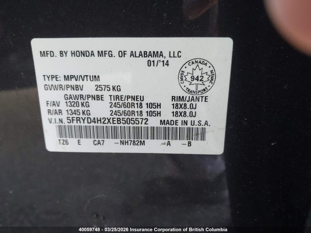 Aukcja sprzedaży 2014 Acura Mdx, vin: 5FRYD4H2XEB505572, numer aukcji: 40059748