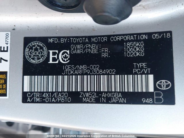 Aukcja sprzedaży 2018 Toyota Prius, vin: JTDKARFP9J3084902, numer aukcji: 40059760