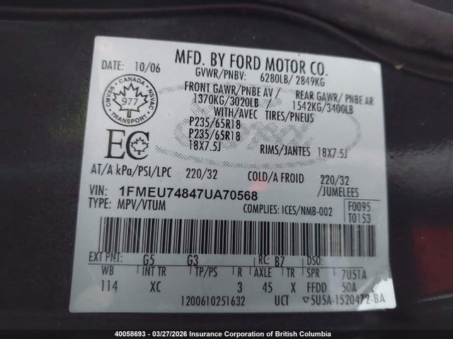 Aukcja sprzedaży 2007 Ford Explorer Eddie Bauer, vin: 1FMEU74847UA70568, numer aukcji: 40058693