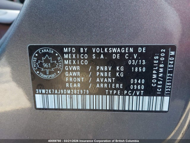 40059780 :رقم المزاد ، 3VW2K7AJ9DM282979 vin ، 2013 Volkswagen Jetta مزاد بيع