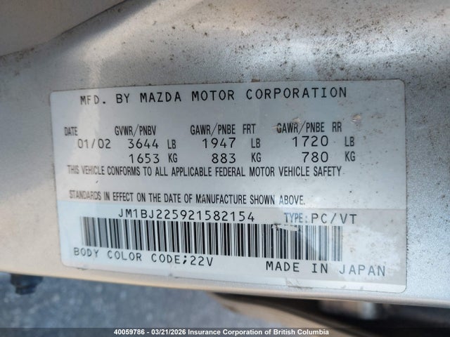 40059786 :رقم المزاد ، JM1BJ225921582154 vin ، 2002 Mazda Protege Dx/lx/es مزاد بيع