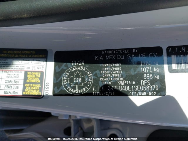 40059798 :رقم المزاد ، 3KPFU4DE1SE058379 vin ، 2025 Kia K4 Ex/ex+ مزاد بيع
