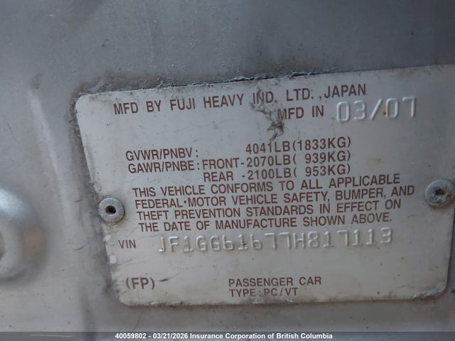 40059802 :رقم المزاد ، JF1GG61677H817113 vin ، 2007 Subaru Impreza 2.5i مزاد بيع