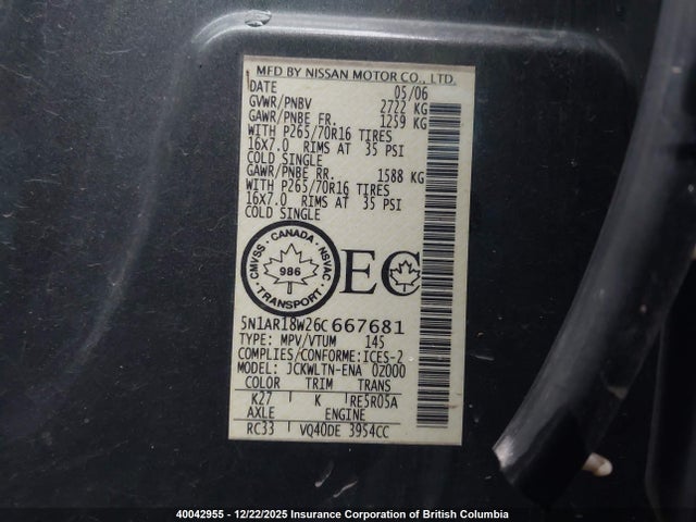 40042955 :رقم المزاد ، 5N1AR18W26C667681 vin ، 2006 Nissan Pathfinder Le/se/xe مزاد بيع