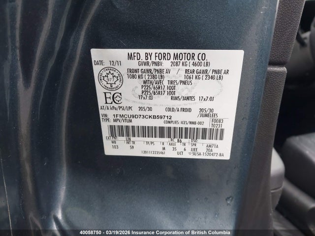 2012 Ford Escape Xlt მანქანა იყიდება აუქციონზე, vin: 1FMCU9D73CKB59712, აუქციონის ნომერი: 40058750