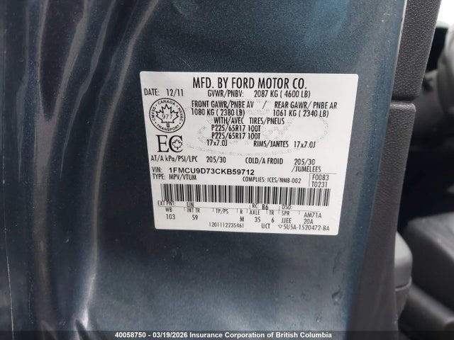 2012 Ford Escape Xlt მანქანა იყიდება აუქციონზე, vin: 1FMCU9D73CKB59712, აუქციონის ნომერი: 40058750