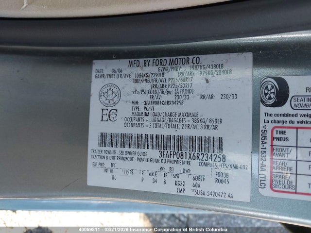 Продаж на аукціоні авто 2006 Ford Fusion Sel, vin: 3FAFP081X6R234258, номер лоту: 40059811