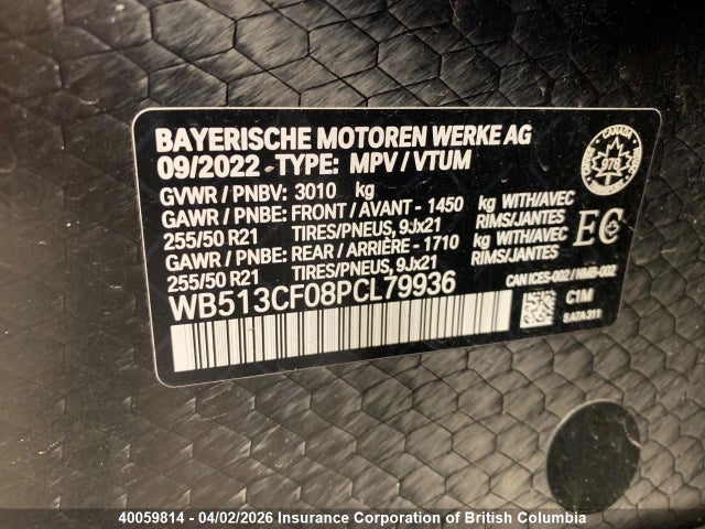 Aukcja sprzedaży 2023 Bmw Ix, vin: WB513CF08PCL79936, numer aukcji: 40059814