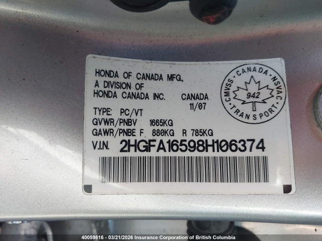 Aukcja sprzedaży 2008 Honda Civic, vin: 2HGFA16598H106374, numer aukcji: 40059816