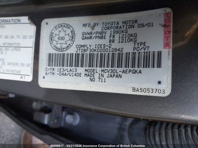 Aukcja sprzedaży 2002 Toyota Camry, vin: JTDBF30K020012842, numer aukcji: 40059817