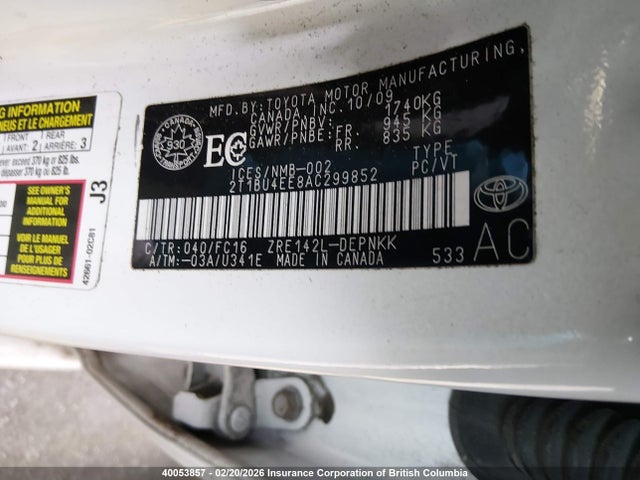 40053857 :رقم المزاد ، 2T1BU4EE8AC299852 vin ، 2010 Toyota Corolla S/le/xle مزاد بيع