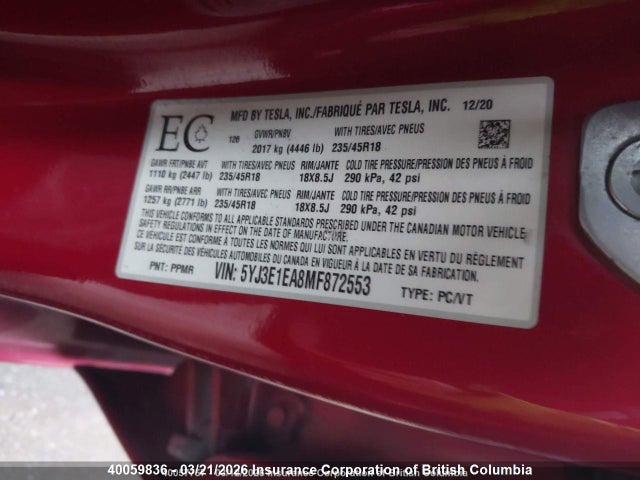 Продаж на аукціоні авто 2021 Tesla Model 3 Standard Range/standard Range Plus, vin: 5YJ3E1EA8MF872553, номер лоту: 40059836