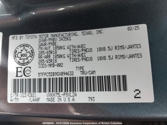 40059840 :رقم المزاد ، 5TFPC5DB9SX094632 vin ، 2025 Toyota Tundra Crewmax Limited/crewmax Trd Pro مزاد بيع