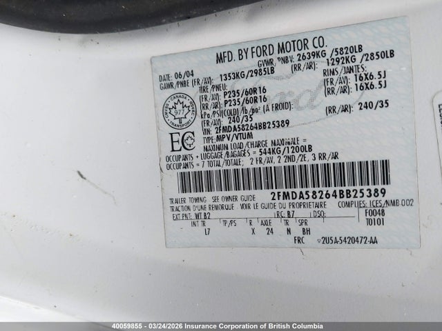 40059855 :رقم المزاد ، 2FMDA58264BB25389 vin ، 2004 Ford Freestar Limited مزاد بيع
