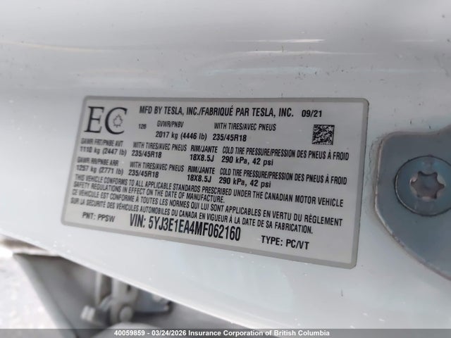 Aukcja sprzedaży 2021 Tesla Model 3, vin: 5YJ3E1EA4MF062160, numer aukcji: 40059859