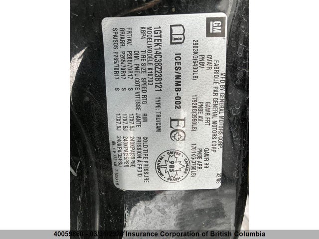 40059860 :رقم المزاد ، 1GTEK14C38Z238121 vin ، 2008 Gmc Sierra K1500 مزاد بيع