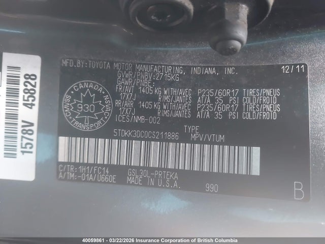 40059861 :رقم المزاد ، 5TDKK3DC0CS211886 vin ، 2012 Toyota Sienna Le مزاد بيع
