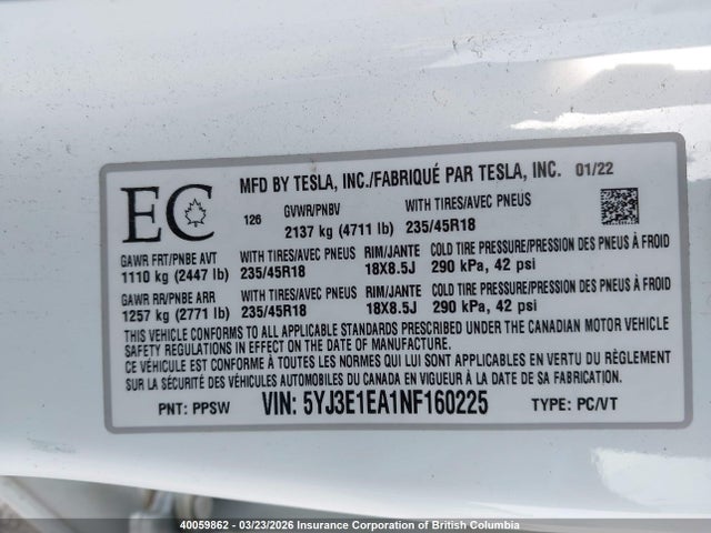 Aukcja sprzedaży 2022 Tesla Model 3, vin: 5YJ3E1EA1NF160225, numer aukcji: 40059862