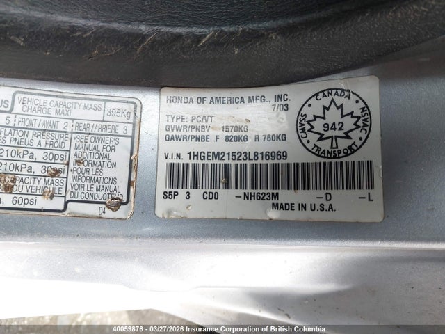 Aukcja sprzedaży 2003 Honda Civic, vin: 1HGEM21523L816969, numer aukcji: 40059876