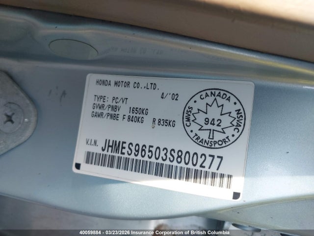 Aukcja sprzedaży 2003 Honda Civic, vin: JHMES96503S800277, numer aukcji: 40059884