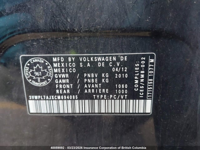 40059892 :رقم المزاد ، 3VWPL7AJXCM694085 vin ، 2012 Volkswagen Golf مزاد بيع