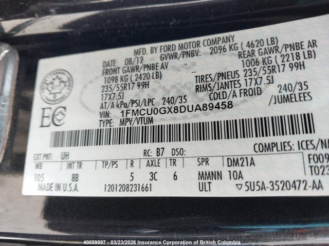 Продажа на аукционе авто 2013 Ford Escape Se, vin: 1FMCU0GX8DUA89458, номер лота: 40059897