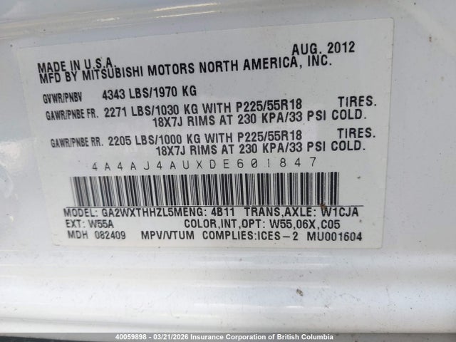 Продаж на аукціоні авто 2013 Mitsubishi Rvr, vin: 4A4AJ4AUXDE601847, номер лоту: 40059898