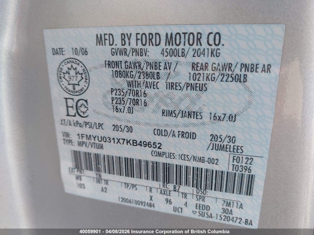 Aukcja sprzedaży 2007 Ford Escape Xlt, vin: 1FMYU031X7KB49652, numer aukcji: 40059901