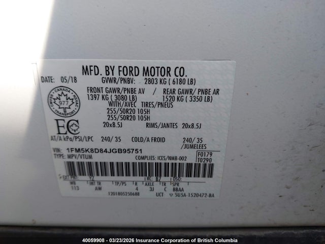 40059908 :رقم المزاد ، 1FM5K8D84JGB95751 vin ، 2018 Ford Explorer Xlt مزاد بيع