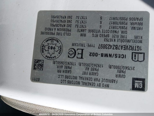 40059919 :رقم المزاد ، 1GTR2VEA7BZ423897 vin ، 2011 Gmc Sierra K1500 Sle مزاد بيع