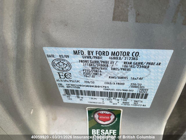 Продажа на аукционе авто 2009 Ford Escape Xlt, vin: 1FMCU93G69KB91791, номер лота: 40059920
