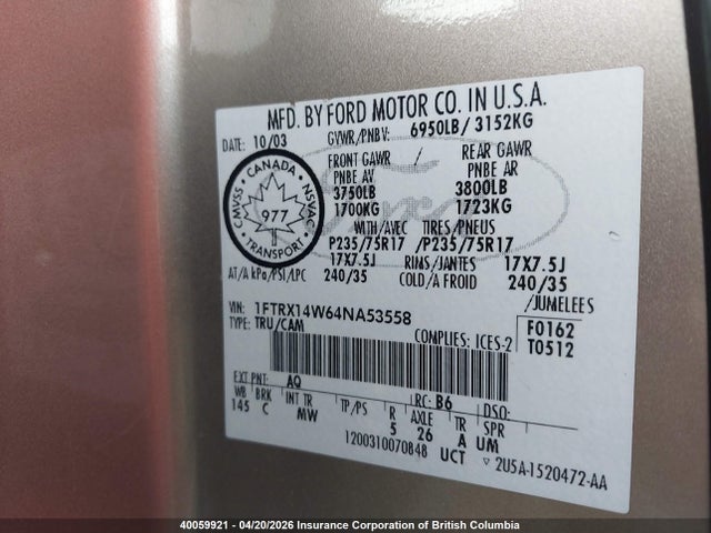 Продаж на аукціоні авто 2004 Ford F150, vin: 1FTRX14W64NA53558, номер лоту: 40059921