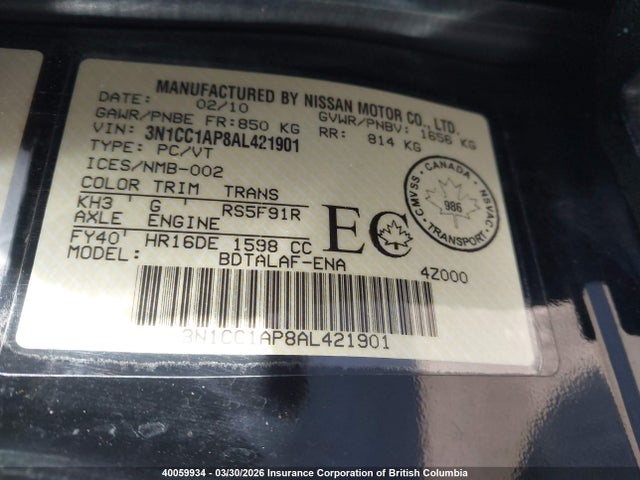 40059934 :رقم المزاد ، 3N1CC1AP8AL421901 vin ، 2010 Nissan Versa مزاد بيع