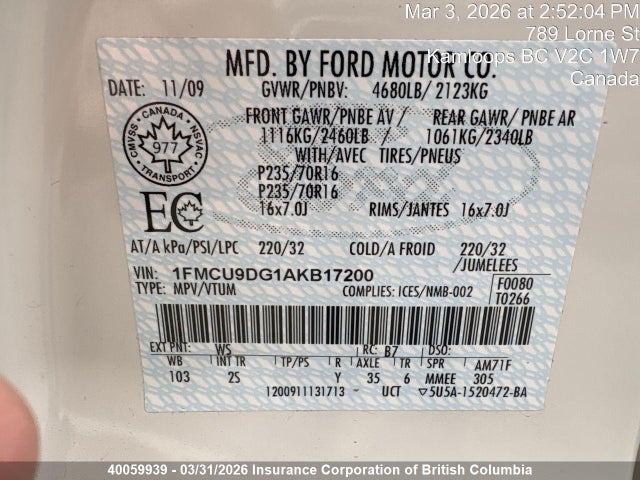2010 Ford Escape Xlt მანქანა იყიდება აუქციონზე, vin: 1FMCU9DG1AKB17200, აუქციონის ნომერი: 40059939