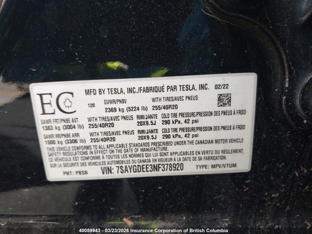 Aukcja sprzedaży 2022 Tesla Model Y, vin: 7SAYGDEE3NF378920, numer aukcji: 40059943
